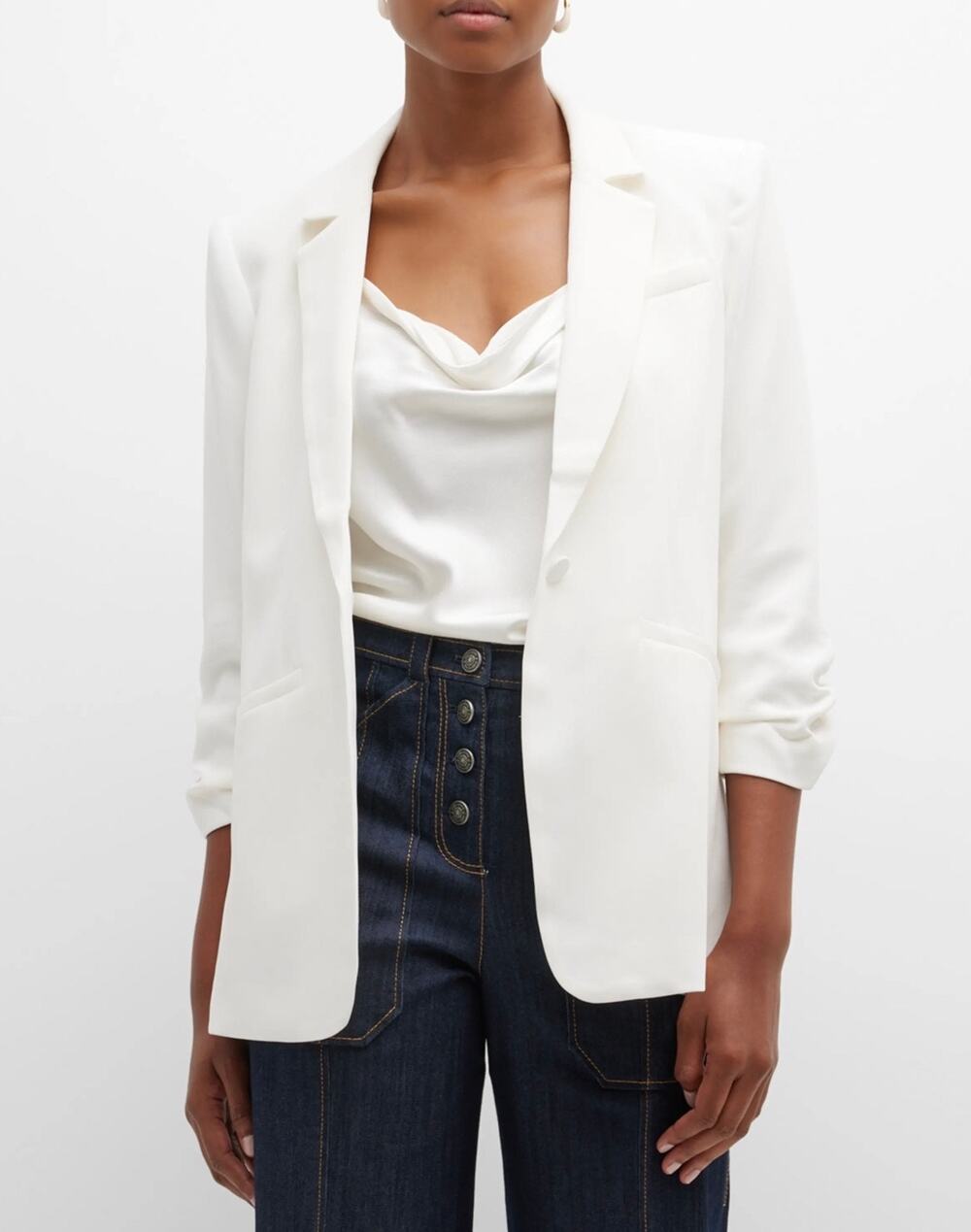 Cinq à Sept Sz 12 Khloe Crepe Ruched Blazer Ivory White 3/4 Sleeve Relaxed Fit